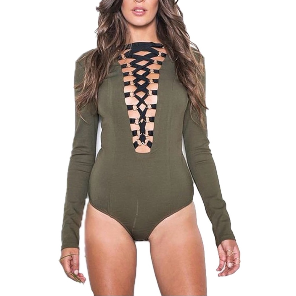 NUDE Olive Green Plunging Neckline Lace Up Front Zipper Back Bodysuit Size Small
